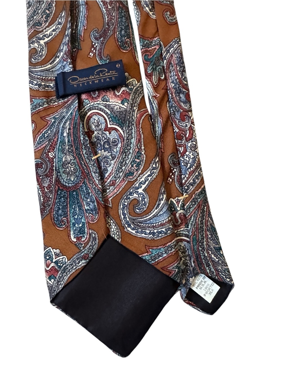 VTG Mens Oscar de la Renta Designer Brown Blue Paisley 100% Silk Fall Winter Tie